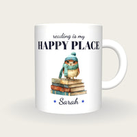 Personalised Owl On Books Mug, Reading Is My Happy Place, front