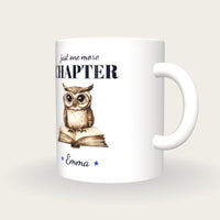 Personalised Owl On An Open Book Mug, Just One More Chapter, three-quarter view