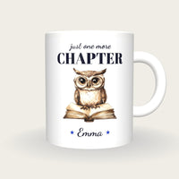 Personalised Owl On An Open Book Mug, Just One More Chapter, front