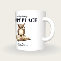 Personalised Owl On An Open Book Mug, Reading Is My Happy Place, three-quarter view