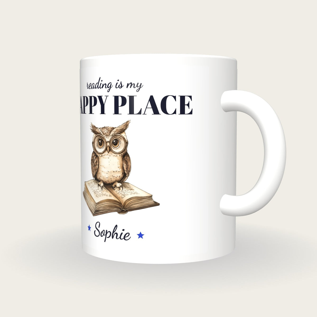 Personalised Owl On An Open Book Mug, Reading Is My Happy Place, three-quarter view