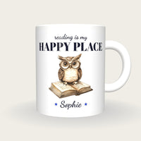 Personalised Owl On An Open Book Mug, Reading Is My Happy Place, front