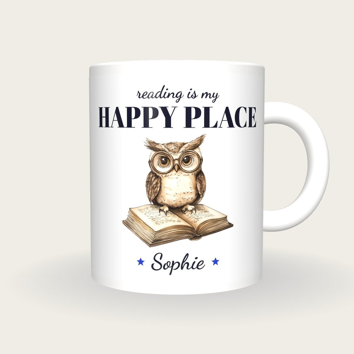 Personalised Owl On An Open Book Mug, Reading Is My Happy Place, front