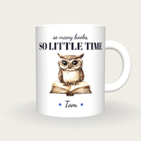 Personalised Owl On An Open Book Mug, So Many Books So Little Time, front