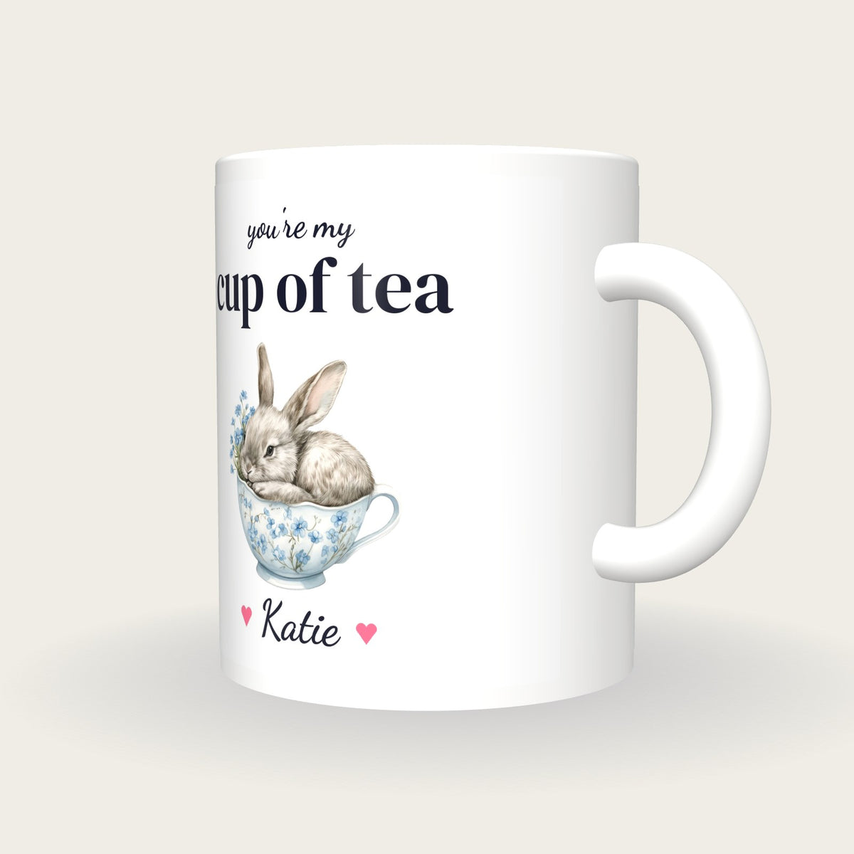Personalised Rabbit Teacup Mug, You're My Cup Of Tea, three-quarter view