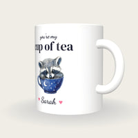 Personalised Raccoon Teacup Mug, You're My Cup Of Tea, three-quarter view