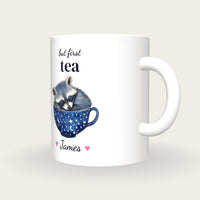 Personalised Raccoon Teacup Mug, But First Tea, three-quarter view