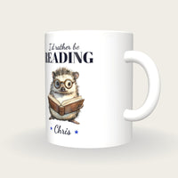 Personalised Reading Hedgehog Mug, I'd Rather Be Reading, three-quarter view