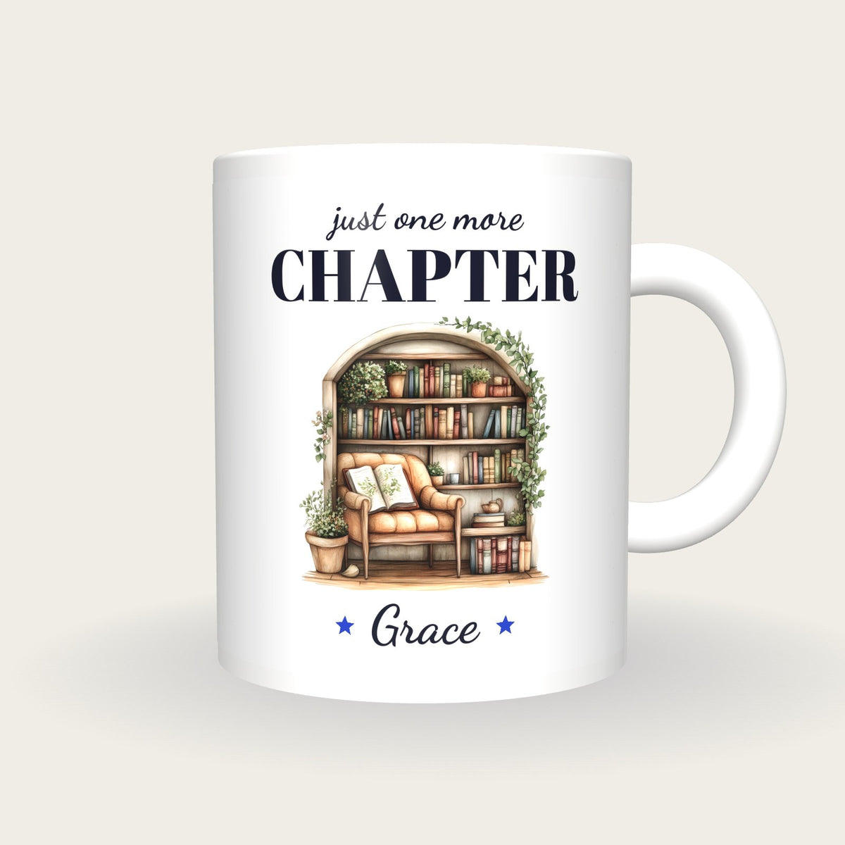Personalised Reading Nook Mug, Just One More Chapter, front