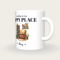 Personalised Reading Nook Mug, Reading Is My Happy Place, three-quarter view