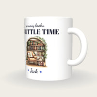 Personalised Reading Nook Mug, So Many Books So Little Time, three-quarter view