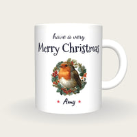 Personalised Robin In A Wreath Mug, Merry Christmas, front