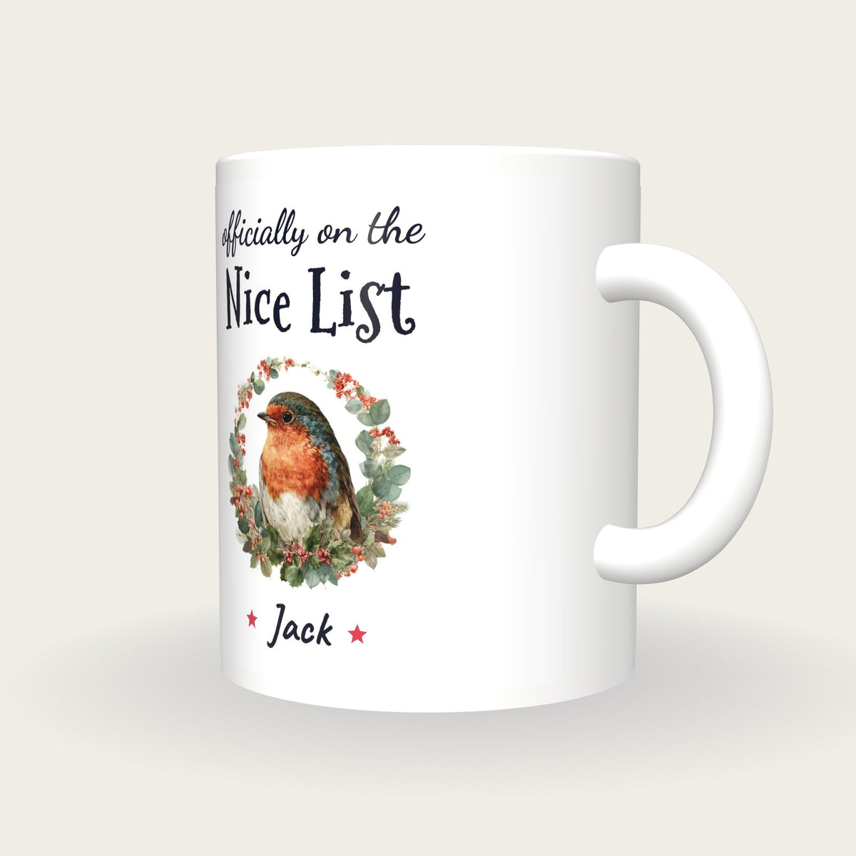 Personalised Robin In A Wreath Mug, On The Nice List, three-quarter view