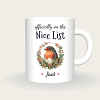 Personalised Robin In A Wreath Mug, On The Nice List, front