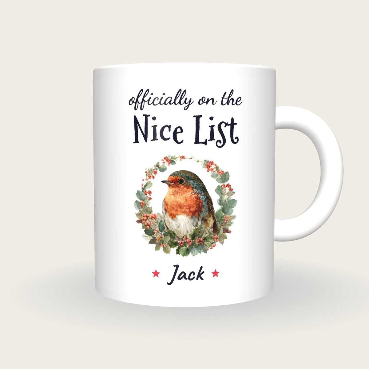 Personalised Robin In A Wreath Mug, On The Nice List, front