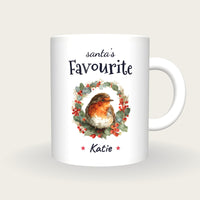 Personalised Robin In A Wreath Mug, Santa's Favourite, front