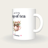 Personalised Sloth Teacup Mug, You're My Cup Of Tea, three-quarter view