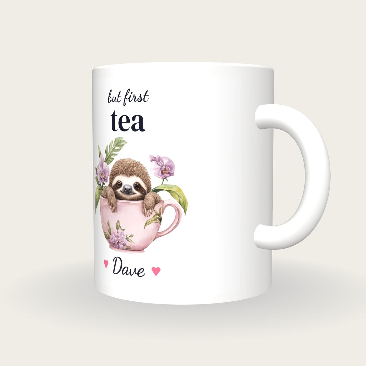 Personalised Sloth Teacup Mug, But First Tea, three-quarter view