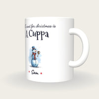Personalised Snowman With Cocoa Mug, All I Want For Christmas Is A Cuppa, three-quarter view