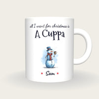 Personalised Snowman With Cocoa Mug, All I Want For Christmas Is A Cuppa, front