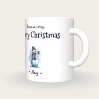Personalised Snowman With Cocoa Mug, Merry Christmas, three-quarter view