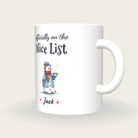 Personalised Snowman With Cocoa Mug, On The Nice List, three-quarter view