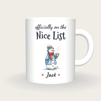 Personalised Snowman With Cocoa Mug, On The Nice List, front