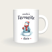 Personalised Snowman With Cocoa Mug, Santa's Favourite, front