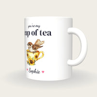 Personalised Sparrow Teacup Mug, You're My Cup Of Tea, three-quarter view