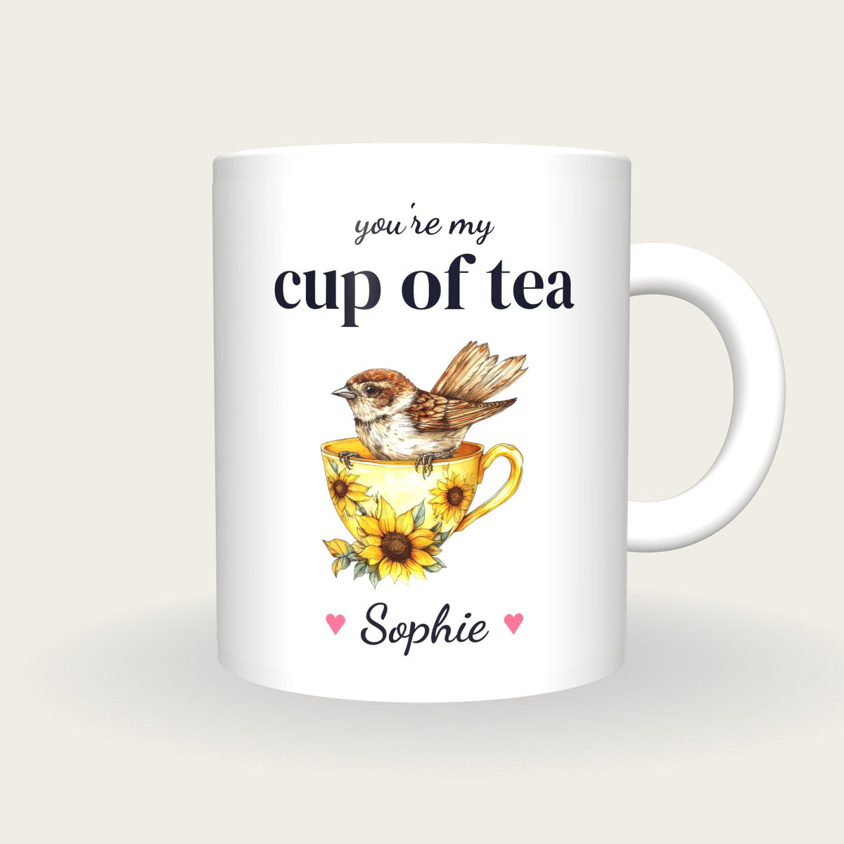 Personalised Sparrow Teacup Mug, You're My Cup Of Tea, front
