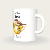Personalised Sparrow Teacup Mug, But First Tea, three-quarter view