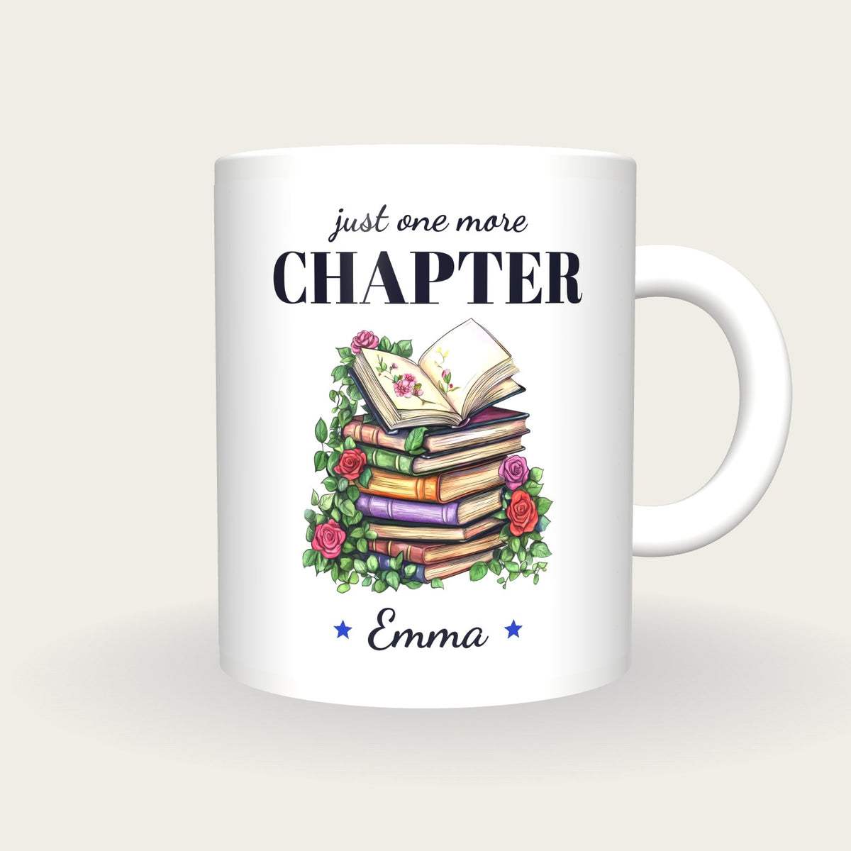 Personalised Floral Book Stack Mug, Just One More Chapter, front