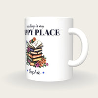 Personalised Floral Book Stack Mug, Reading Is My Happy Place, three-quarter view