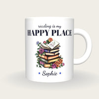 Personalised Floral Book Stack Mug, Reading Is My Happy Place, front