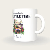 Personalised Floral Book Stack Mug, So Many Books So Little Time, three-quarter view