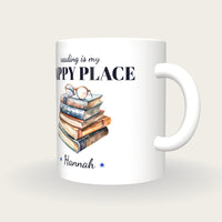 Personalised Books And Reading Glasses Mug, Reading Is My Happy Place, three-quarter view