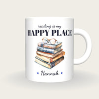 Personalised Books And Reading Glasses Mug, Reading Is My Happy Place, front