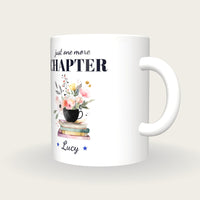 Personalised Teacup On Books Mug, Just One More Chapter, three-quarter view