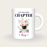 Personalised Teacup On Books Mug, Just One More Chapter, front