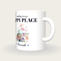 Personalised Teacup On Books Mug, Reading Is My Happy Place, three-quarter view