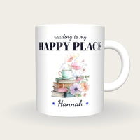 Personalised Teacup On Books Mug, Reading Is My Happy Place, front