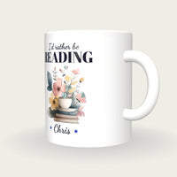 Personalised Teacup On Books Mug, I'd Rather Be Reading, three-quarter view