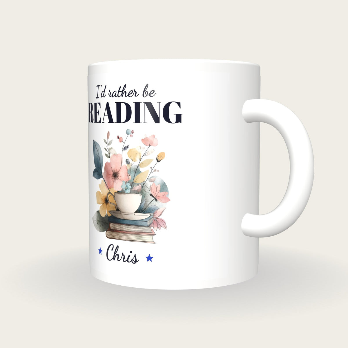 Personalised Teacup On Books Mug, I'd Rather Be Reading, three-quarter view