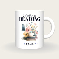 Personalised Teacup On Books Mug, I'd Rather Be Reading, front