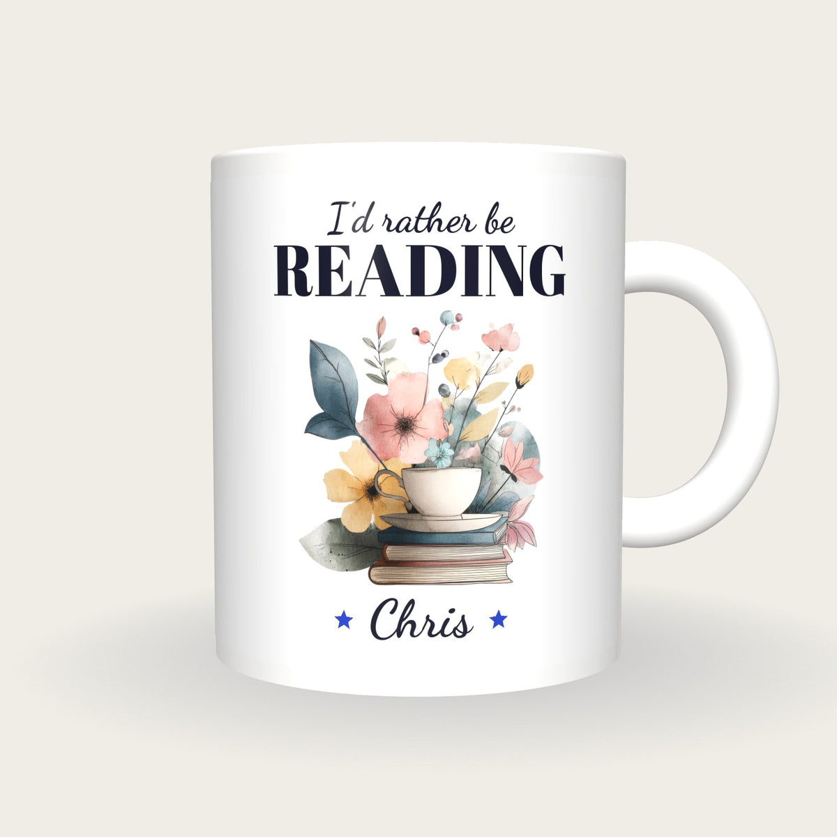 Personalised Teacup On Books Mug, I'd Rather Be Reading, front