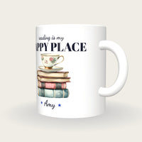 Personalised Teacup On Storybooks Mug, Reading Is My Happy Place, three-quarter view