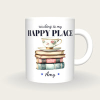 Personalised Teacup On Storybooks Mug, Reading Is My Happy Place, front