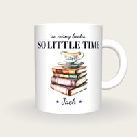 Personalised Teacup On Storybooks Mug, So Many Books So Little Time, front
