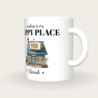 Personalised The Book Shop Mug, Reading Is My Happy Place, three-quarter view