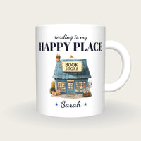 Personalised The Book Shop Mug, Reading Is My Happy Place, front